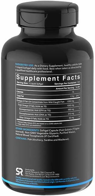 Sports Research Triple Strength Omega 3 Fish Oil - Burpless Fish Oil Supplement w/EPA & DHA Fatty Acids from Wild Caught Fish - Heart, Brain & Immune Support for Men & Women - 1250 mg, 150 ct