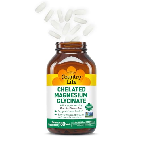 Country Life Chelated Magnesium Glycinate 400mg – High Absorption Magnesium Supplement for Muscle Relaxation, Energy, Bone & Immune Support – Gluten-Free, Vegan, Halal, Non-GMO Verified - 180 Tablets