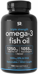 Sports Research Triple Strength Omega 3 Fish Oil - Burpless Fish Oil Supplement w/EPA & DHA Fatty Acids from Wild Caught Fish - Heart, Brain & Immune Support for Men & Women - 1250 mg, 150 ct