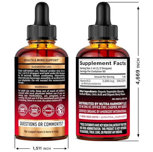 USDA Organic Vitamin B12 Sublingual Drops - 5000 mcg Liquid Vegan Methylcobalamin for Women & Men - Energy Boost, Focus & Mood, Brain Health Support - Maximize Absorption - 2 Month Supply, 2 fl oz