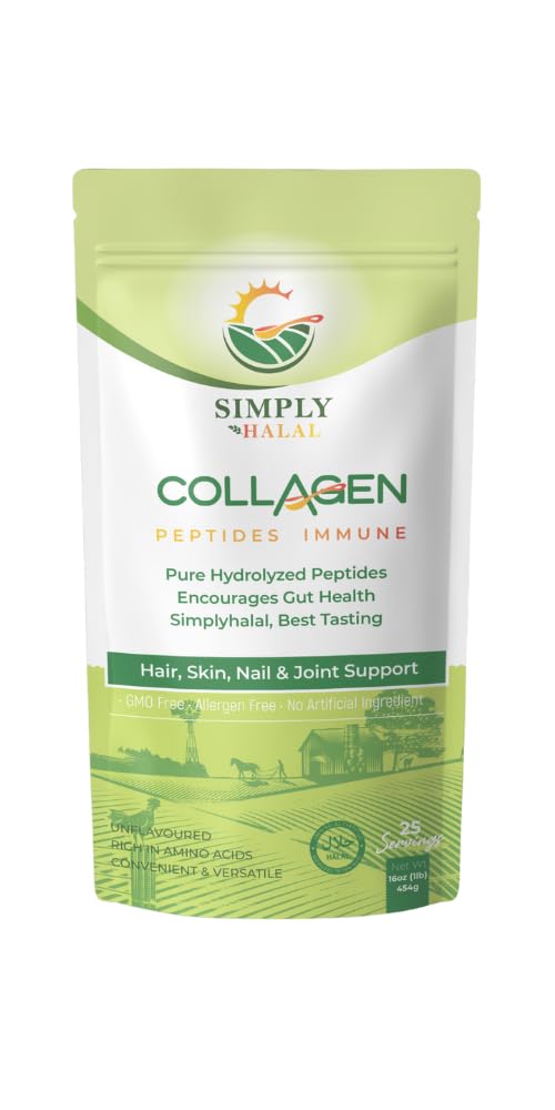Simply Halal Collagen Bovine Powder, Halal-Certified, Type I & III Grass-Fed Collagen Peptides, Unflavored, 16g Protein/Serving, Hair Skin Joint & Digestive Support, Women & Men, 25 Servings (16OZ)