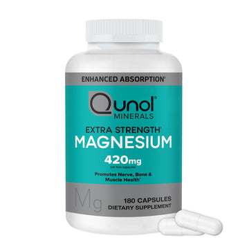 Qunol Magnesium Capsules 420mg, 100% DV, High Absorption Magnesium Supplement, Extra Strength, Bone and Muscle Health Supplement, 180 Count