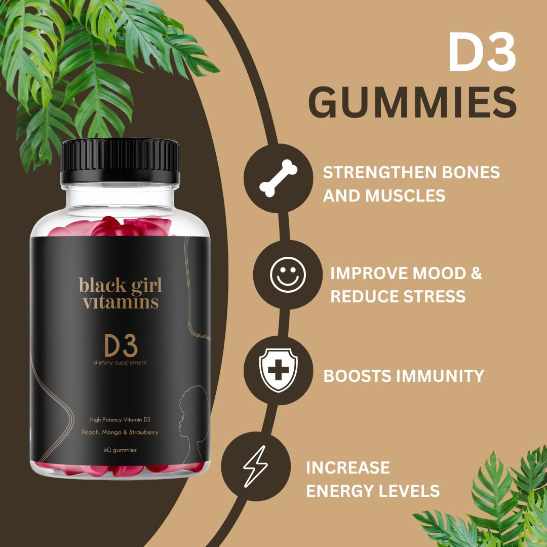 Black Girl Vitamins - Vitamin D3 Gummies, for Immune, Energy, and Bone Support, 2000IU (50mcg) Vitamin D per Serving, Gluten-Free Vitamin D Gummies