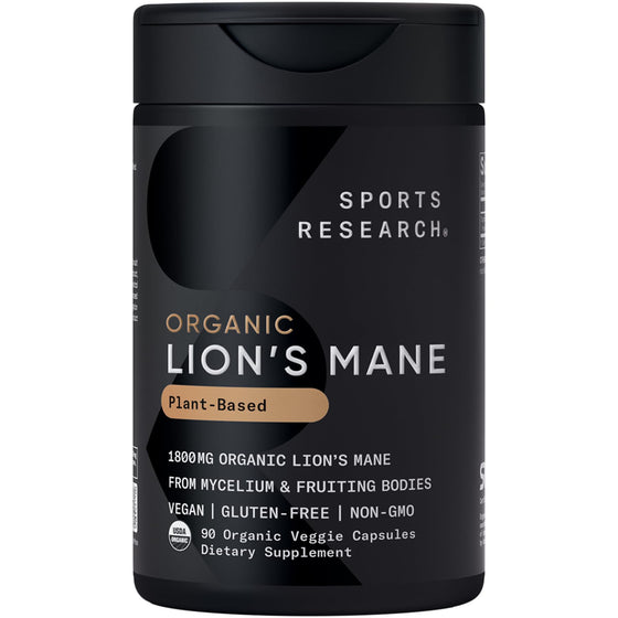 Sports Research® Organic Lion's Mane Mushroom Supplement 1800mg - Brain Health, Focus & Cognitive Supports - USDA Certified Organic · Non-GMO · Vegan - 90 Count Capsules