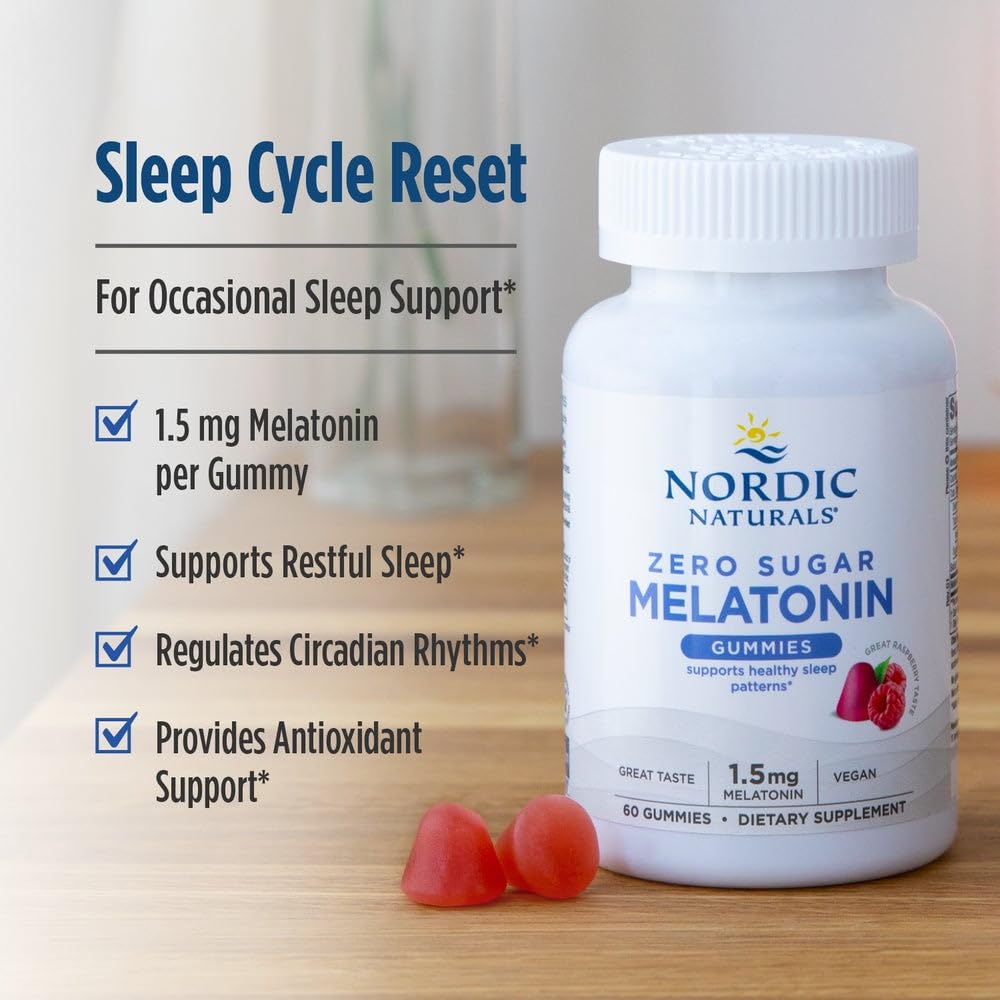 Nordic Naturals Zero Sugar Melatonin Gummies, Raspberry - 60 Gummies - 1.5 mg Melatonin - Great Taste - Restful Sleep, Antioxidant Support - Non-GMO, Vegan - 60 Servings