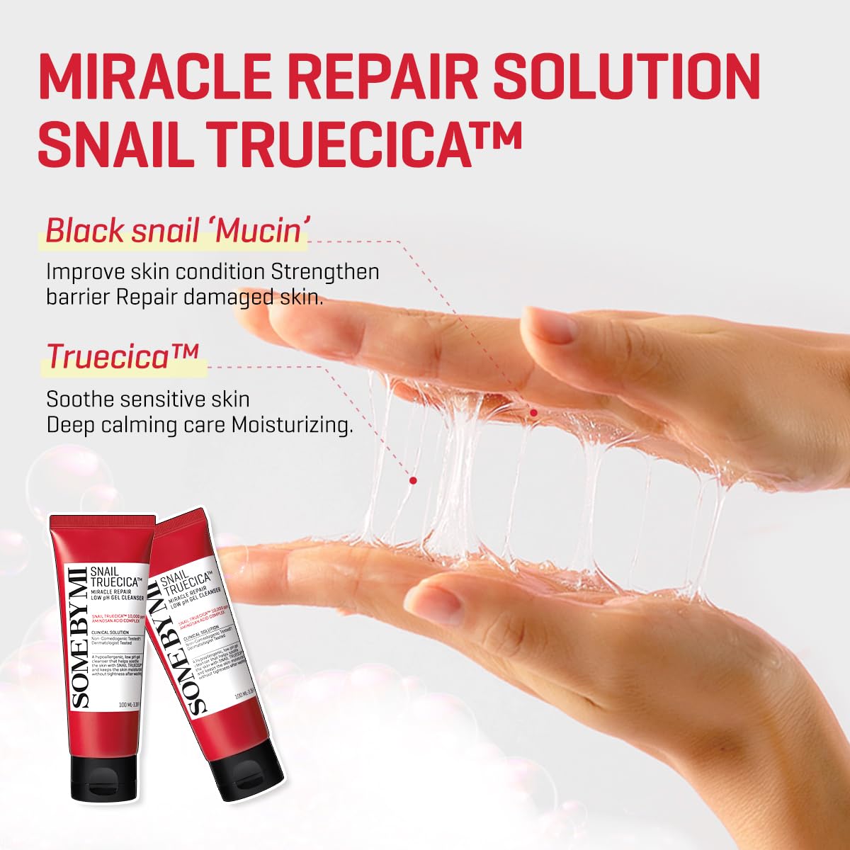 SOME BY MI Snail Truecica Miracle Repair Low pH Gel Cleanser - 3.38Oz, 100ml - Made from Snail Mucin for Sensitive Skin - Daily Face Wash for Deep Cleansing and Skin Moisturizing - Korean Skin Care