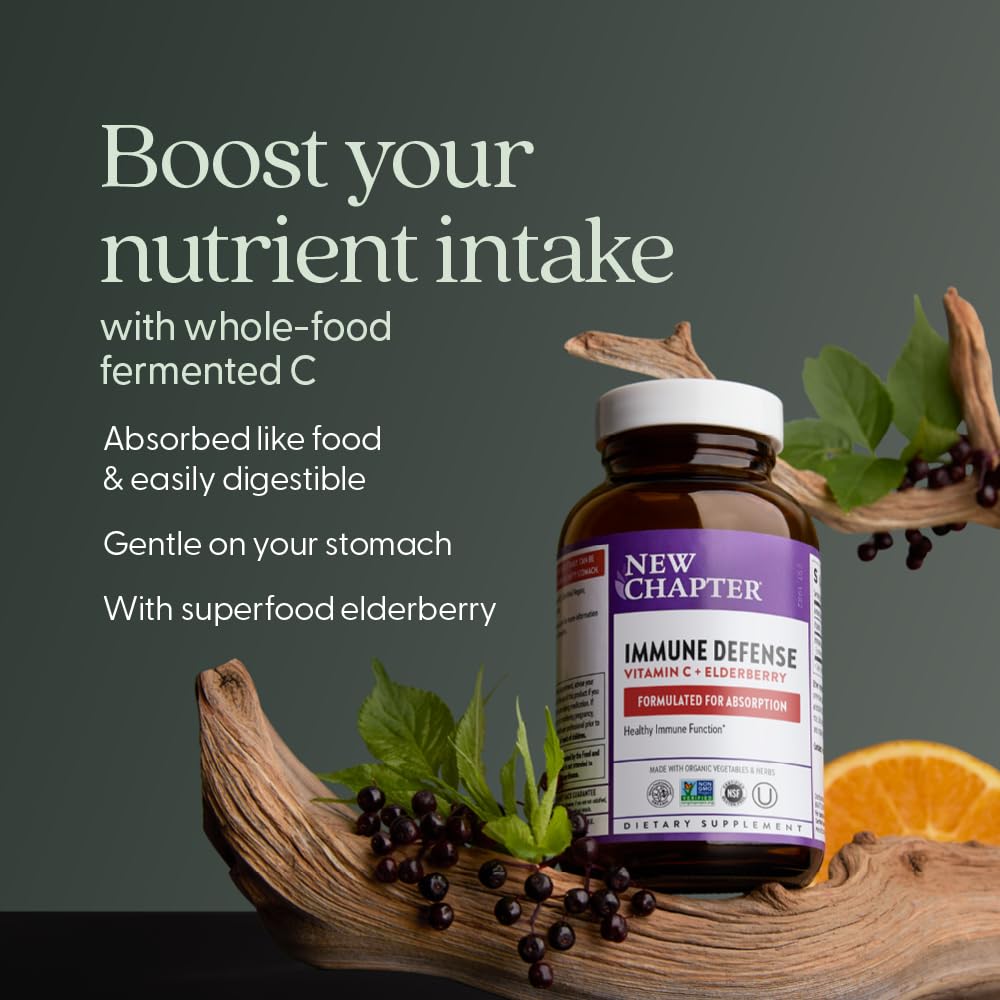 New Chapter® Vitamin C Immune Defense Supplement + Elderberry – Excellent Source of Vitamin C, One Daily Tablet for Healthy Immune Support, Made with Organic Herbs, Non-GMO, Gluten Free, 30 ct