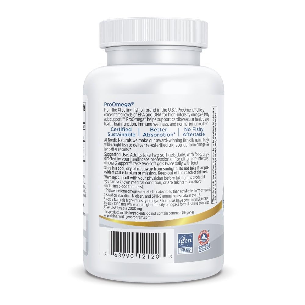 Nordic Naturals ProOmega, Lemon Flavor - 60 Soft Gels - 1280 mg Omega-3 - High Potency Fish Oil with EPA & DHA - Promotes Brain, Eye, Heart, & Immune Health - Non-GMO - 30 Servings