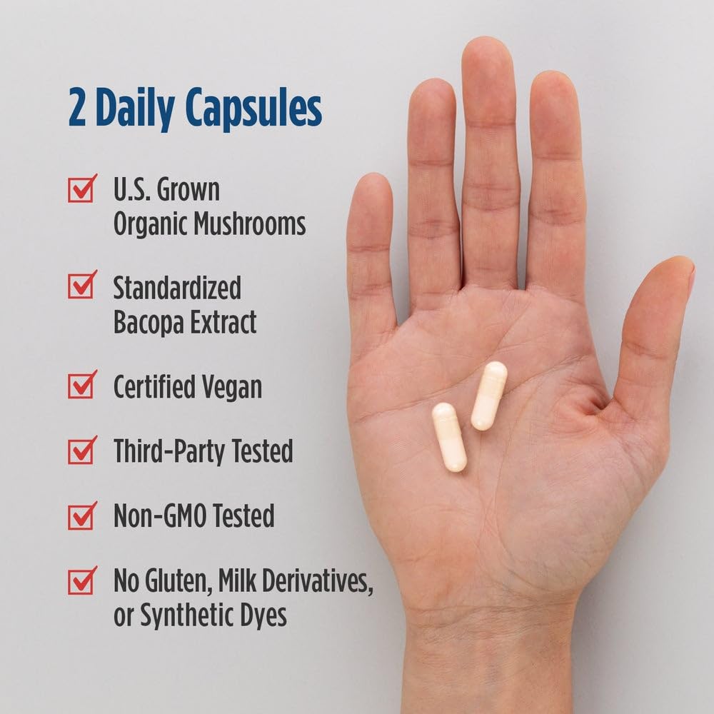 Nordic Naturals Cognition Mushroom Complex, Unflavored - 60 Capsules - Brain, Memory & Mood Support - Blend of Lion’s Mane Mushroom & Bacopa Extract - Non-GMO - Certified Vegan - 30 Servings