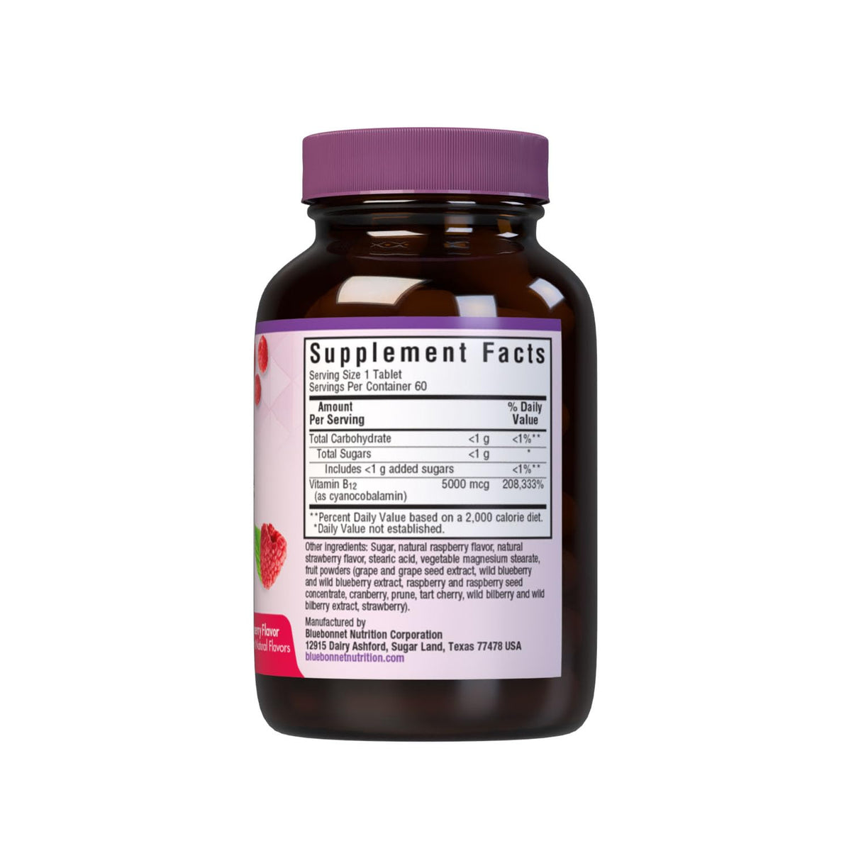 BlueBonnet Nutrition Earth Sweet Vitamin B12 5000 mcg Chewable Tablets, Soy-Free, Gluten-Free, Kosher Certified, Dairy-Free, Vegan, Raspberry Flavored, 60 Chewable Tablets, 60 Servings