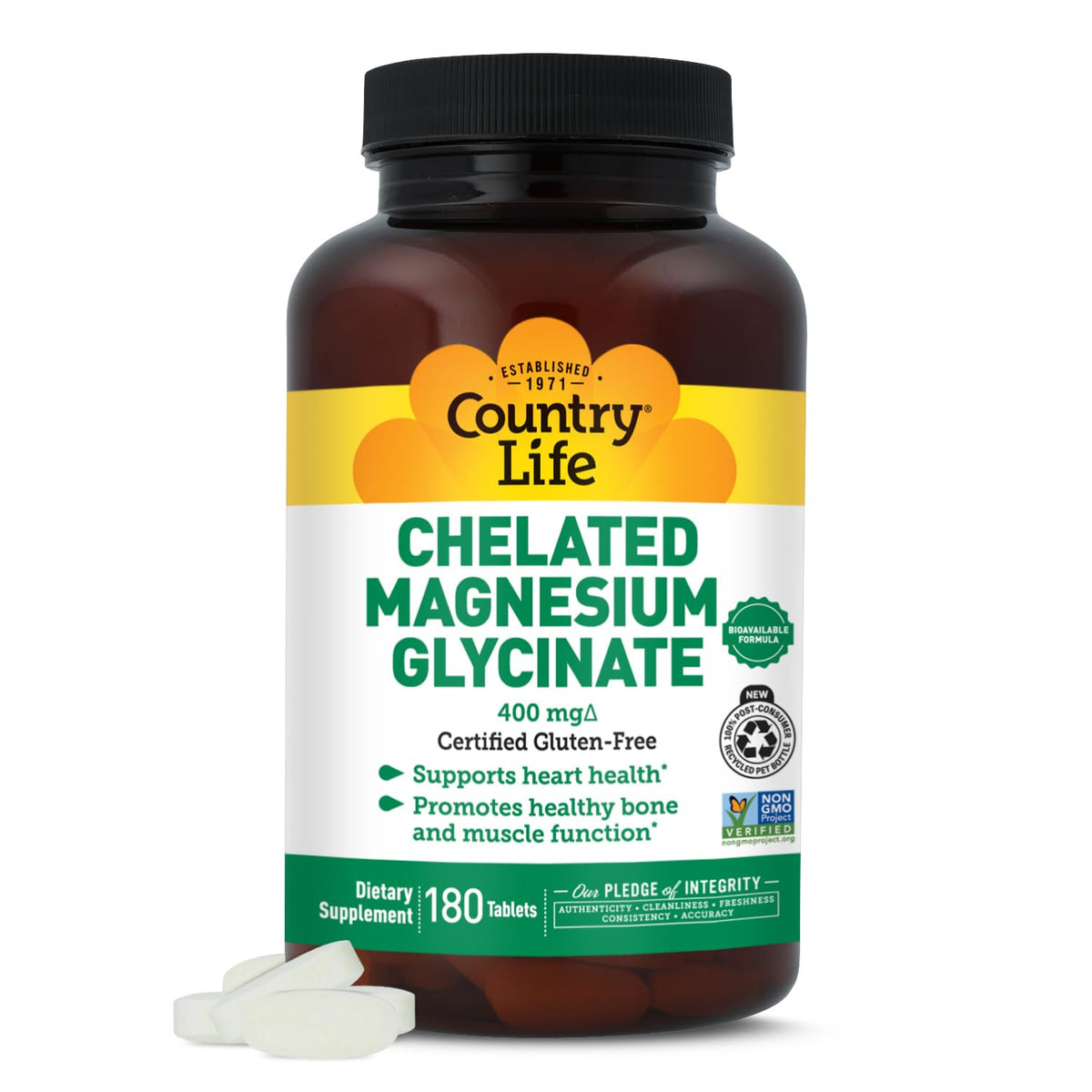 Country Life Chelated Magnesium Glycinate 400mg – High Absorption Magnesium Supplement for Muscle Relaxation, Energy, Bone & Immune Support – Gluten-Free, Vegan, Halal, Non-GMO Verified - 180 Tablets