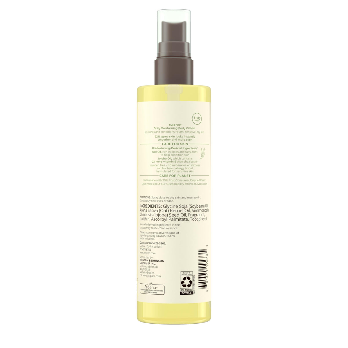 Aveeno Daily Moisturizing Dry Body Oil Mist with Oat & Jojoba Oil for Dry, Rough, Sensitive Skin, Lightweight, Non-Greasy, Body Spray, Paraben, Silicone & Phthalate-Free, 6.7 fl oz