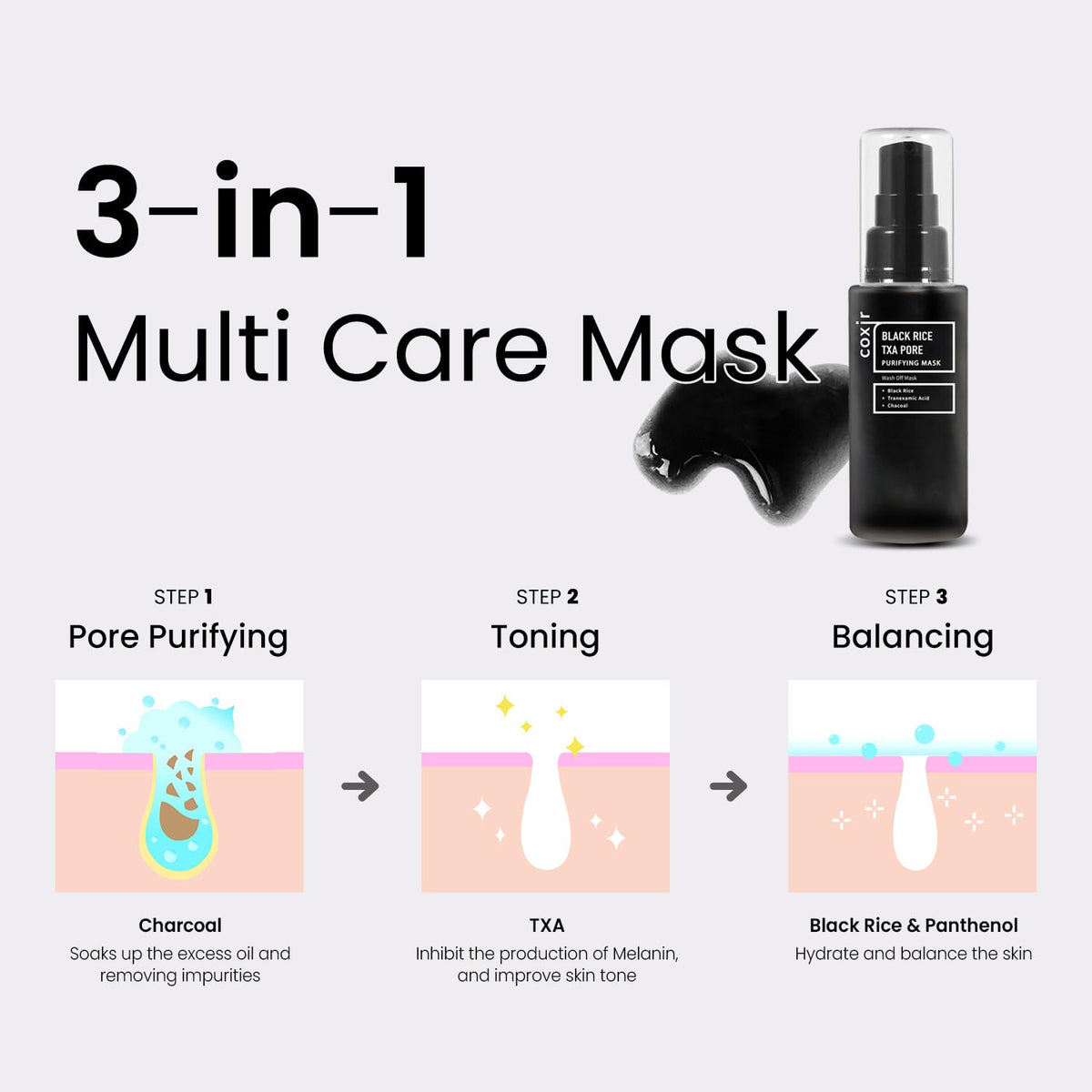 Coxir TXA Black Rice Pore Mask – Korean 3-in-1 Wash-Off Mask Serum| Pore Purifying, Blackhead Care, Hydrating, Skin Toning Treatment with TXA & Black Rice |Vegan K-beuaty Face Mask [50ml/1.69 fl.oz]