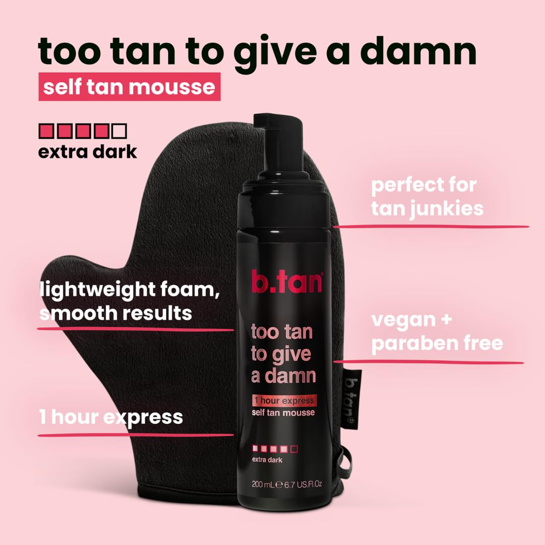 b.tan Ultra Dark Self Tanner Mousse | Too Tan - Best, 1 Hour Express Sunless Tanning Foam, Gold Bronzing Glow, No Fake Tan Smell, Face & Body, Vegan, Cruelty & Paraben Free, 6.7 Fl Oz