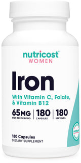 Nutricost Iron for Women 65mg, 180 Capsules, with Vitamin C, Folate, & Vitamin B12 - Vegetarian Friendly, Non-GMO, Gluten Free
