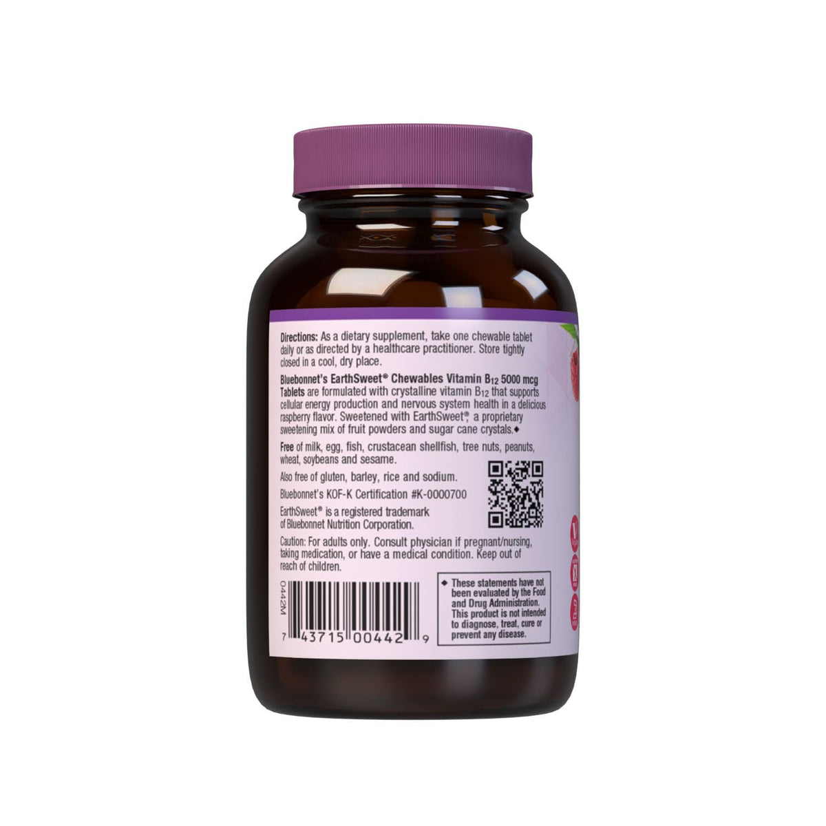 BlueBonnet Nutrition Earth Sweet Vitamin B12 5000 mcg Chewable Tablets, Soy-Free, Gluten-Free, Kosher Certified, Dairy-Free, Vegan, Raspberry Flavored, 60 Chewable Tablets, 60 Servings