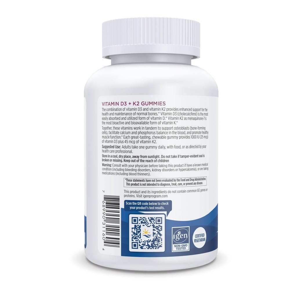 Nordic Naturals Vitamin D3 + K2 Gummies, Pomegranate - 60 Gummies - 1000 IU Vitamin D3 + 45 mcg K2 - Great Taste - Bone Health, Promotes Healthy Muscle Function - Non-GMO - 60 Servings