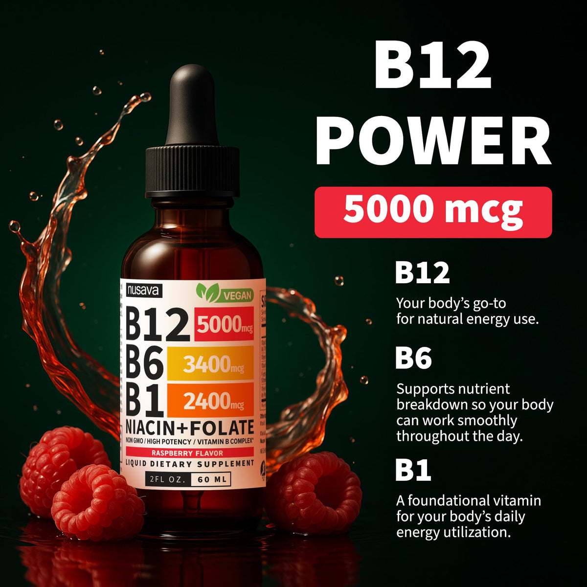 (2 Pack) Vitamin B12 and B6 Liquid Drops, B12 Sublingual Vitamin B Complex - B 12 Vitamin 5000mcg - B12 Methylcobalamin for Energy, Brain, and Heart Support with 27,200 mcg, Raspberry, 80 Servings