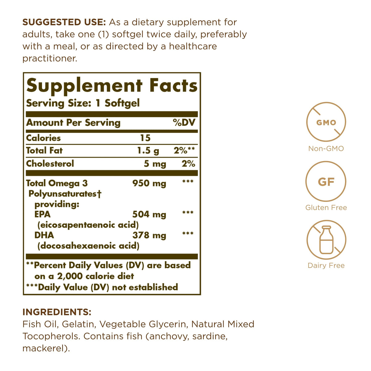 Solgar Triple Strength Omega 3 950 mg - 100 Softgels, Pack of 3 - Supports Joint & Skin Health - Non-GMO, Gluten Free, Dairy Free - 300 Total Servings