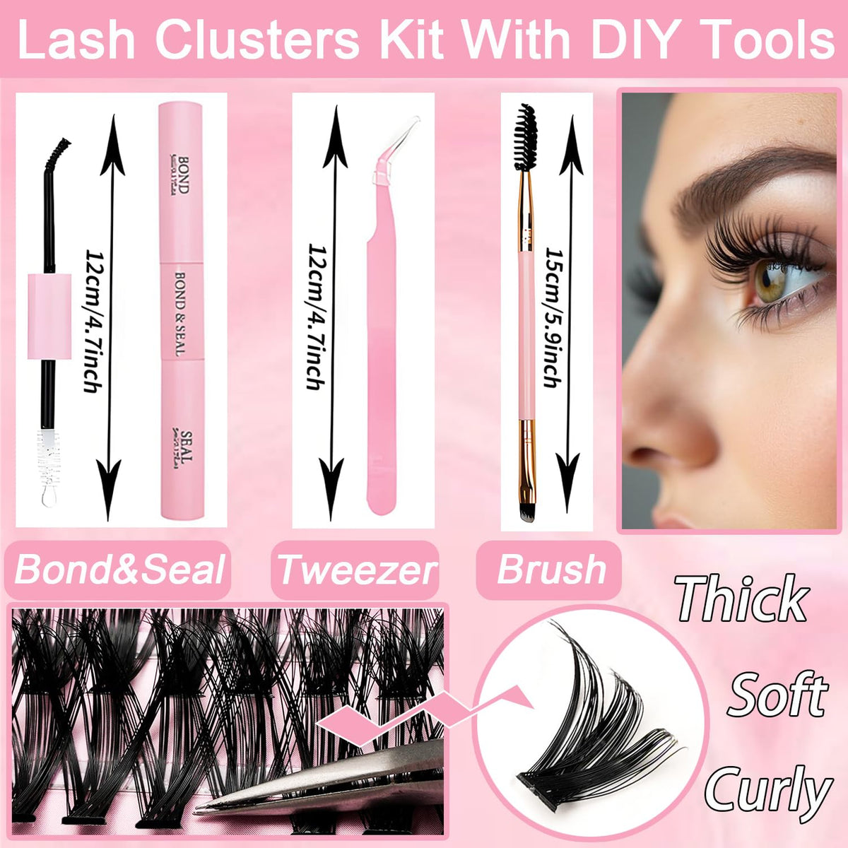 Lash Clusters Kit, 640 Pcs Eyelashes Clusters Extensions Kit 9-16mm Individual Lashes D Curl Fluffy Wispy False Eyelashes Thin Band with Bond Seal Tweezers Brush DIY (30D+40D+50D+60D Kit 9-16mm)
