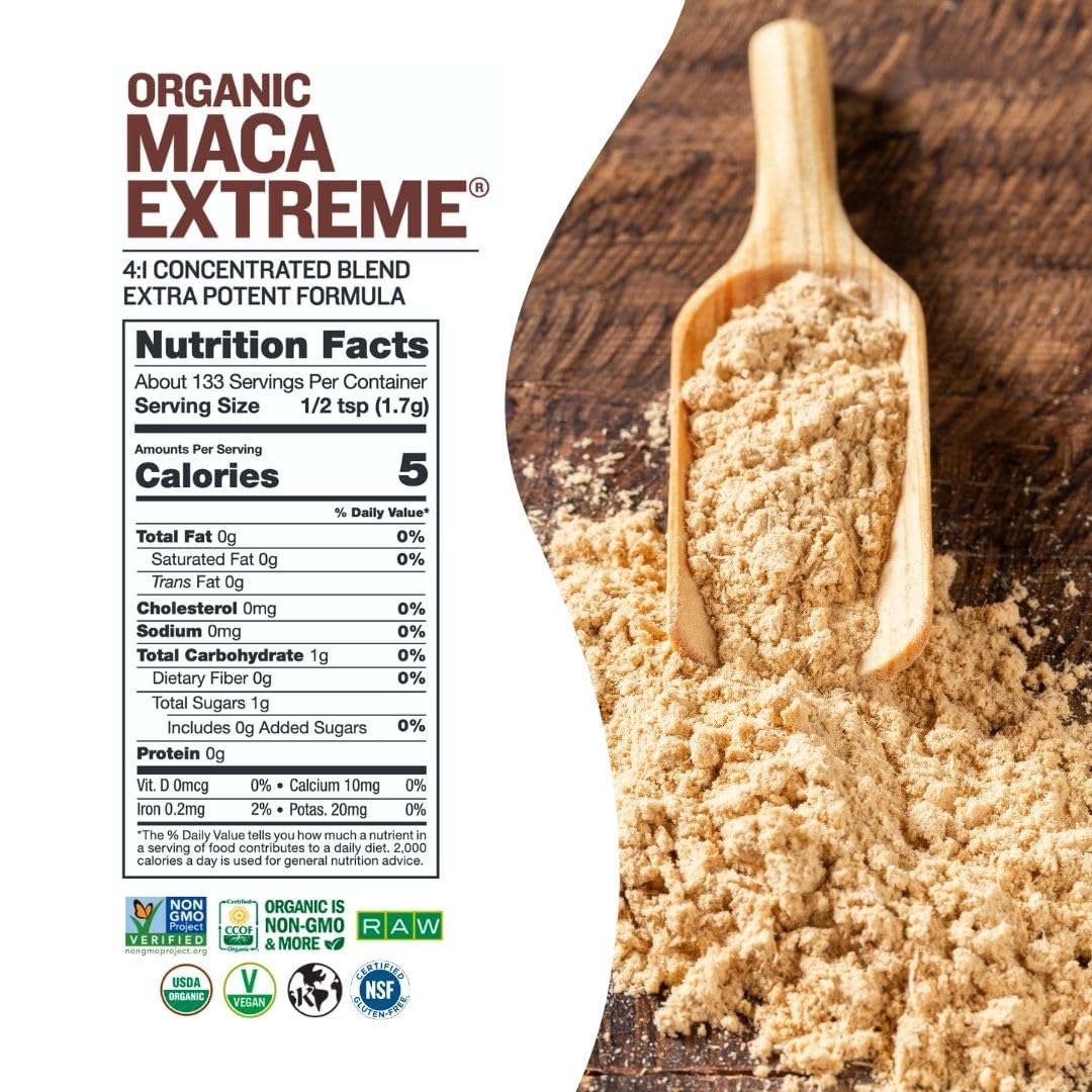 Sunfood Organic Maca Extreme - Maca Root Powder, Maca Powder Organic, Maca Supplement for Men & Women with Adaptogens, Peruvian, Raw, Vegan, Premium Maca Powder - 8 Oz Bag