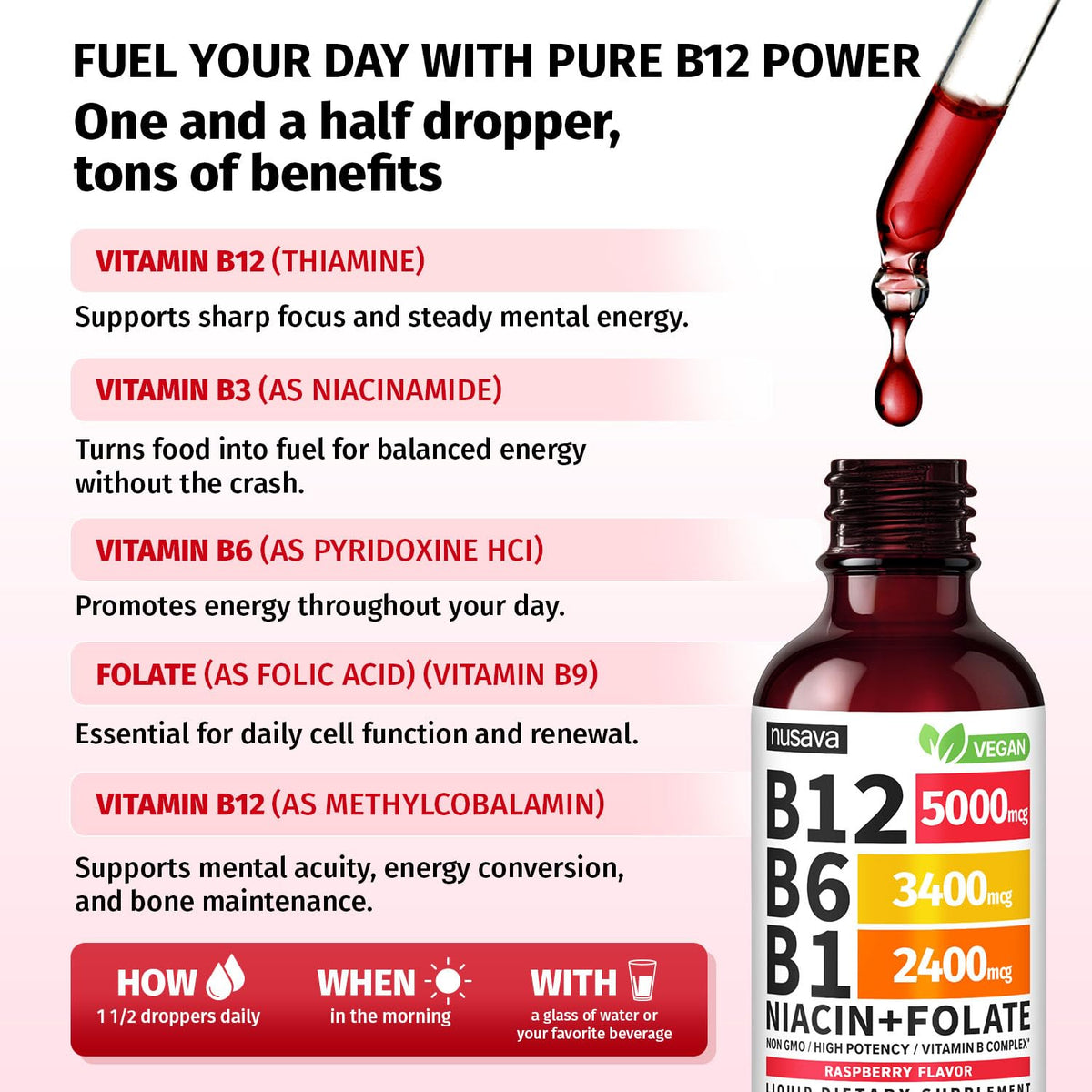 (2 Pack) Vitamin B12 and B6 Liquid Drops, B12 Sublingual Vitamin B Complex - B 12 Vitamin 5000mcg - B12 Methylcobalamin for Energy, Brain, and Heart Support with 27,200 mcg, Raspberry, 80 Servings