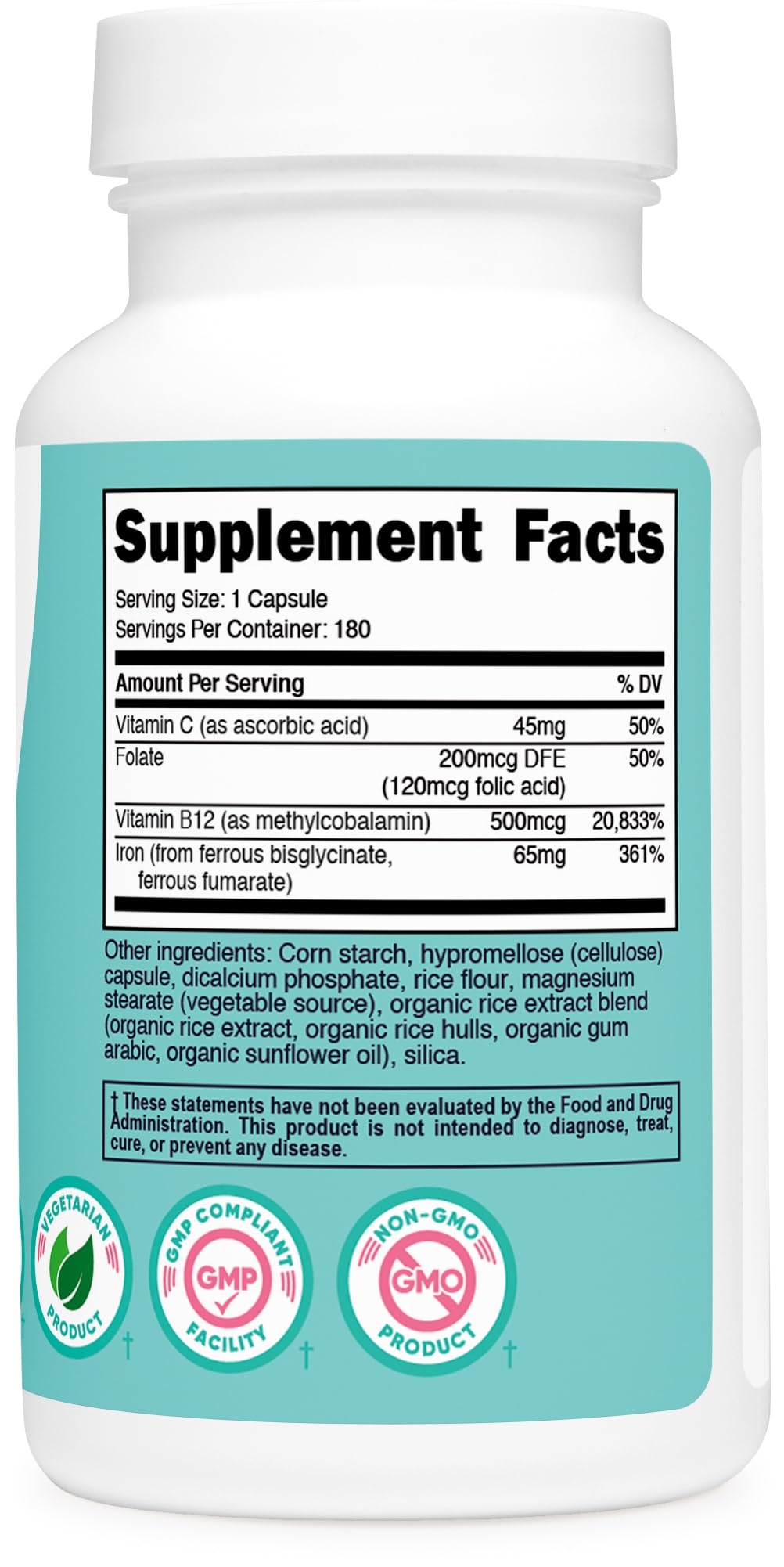 Nutricost Iron for Women 65mg, 180 Capsules, with Vitamin C, Folate, & Vitamin B12 - Vegetarian Friendly, Non-GMO, Gluten Free