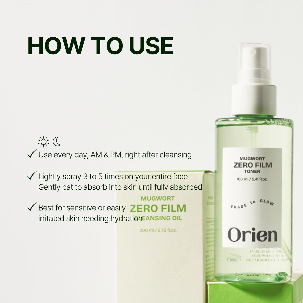 Orien Mugwort Zero Film Toner 5.41 fl.oz. 160ml ㅣpH5.5 Calming, Soothing, Hydrating Spray Toner
