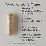 Sports Research® Organic Lion's Mane Mushroom Supplement 1800mg - Brain Health, Focus & Cognitive Supports - USDA Certified Organic · Non-GMO · Vegan - 90 Count Capsules