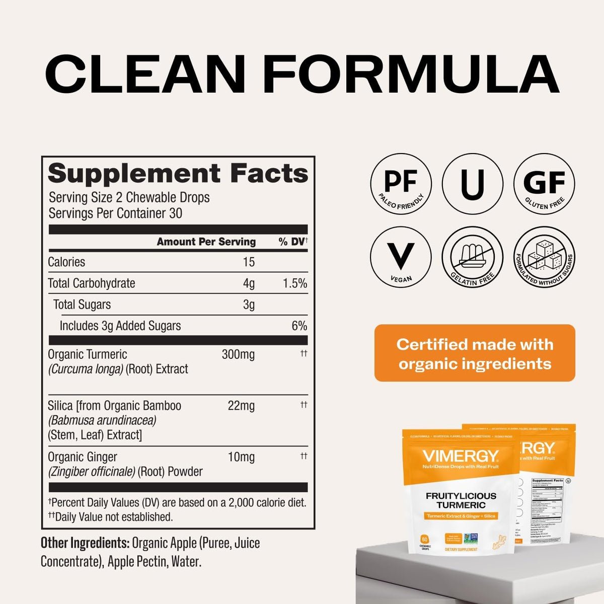 Vimergy NutriDense Fruitylicious Turmeric + Ginger Chewables (300mg Turmeric Extract, 22mg Silica, 10mg Ginger per Serving) Vegan, No Artificial Sweeteners, Mobility Support, 30 Servings (60 Count)