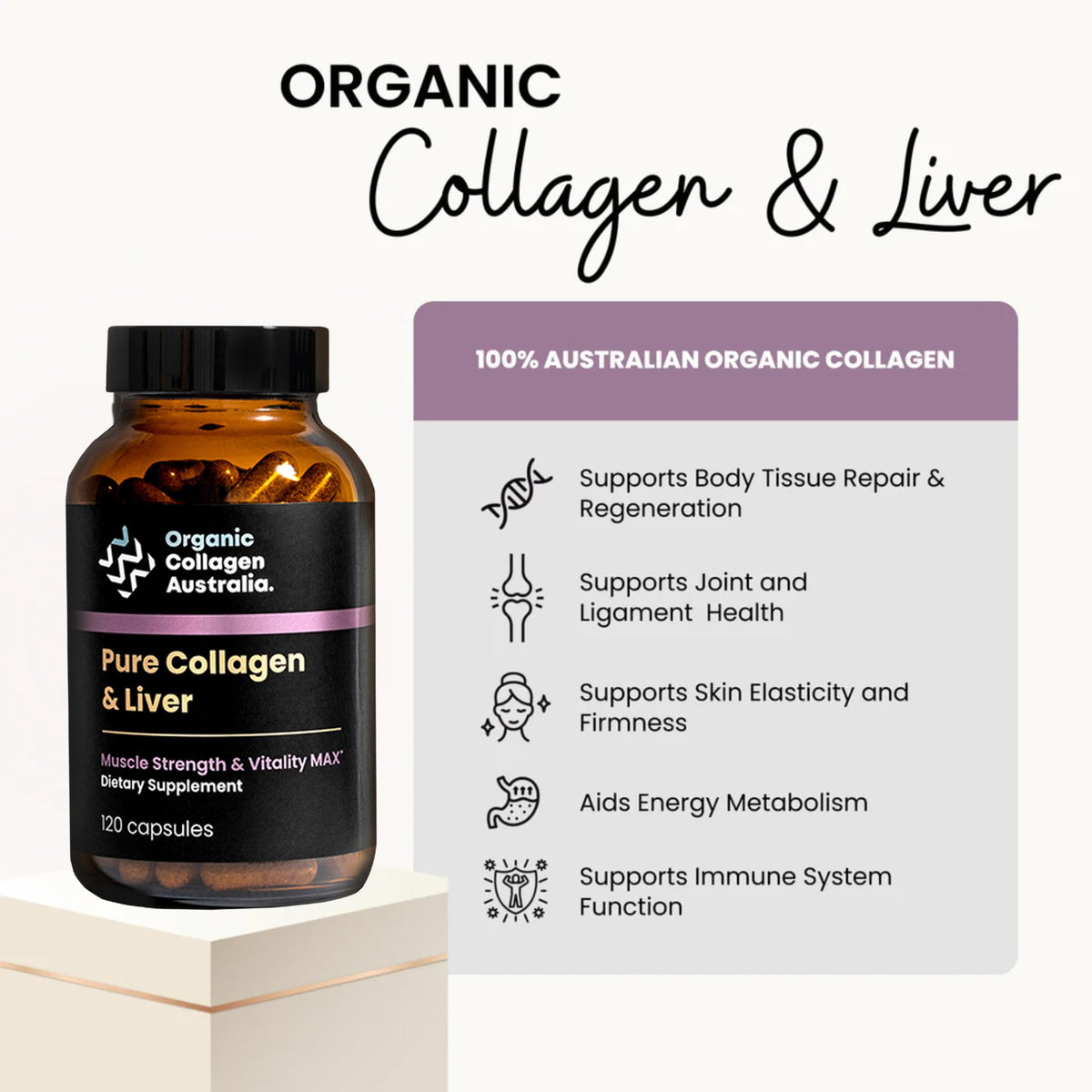 Organic Collagen Australia Pure Collagen & Liver Capsules – Muscle Strength & Vitality with Hydrolyzed Collagen, Grass-Fed Liver, and Vitamin B12 – 120 Capsules