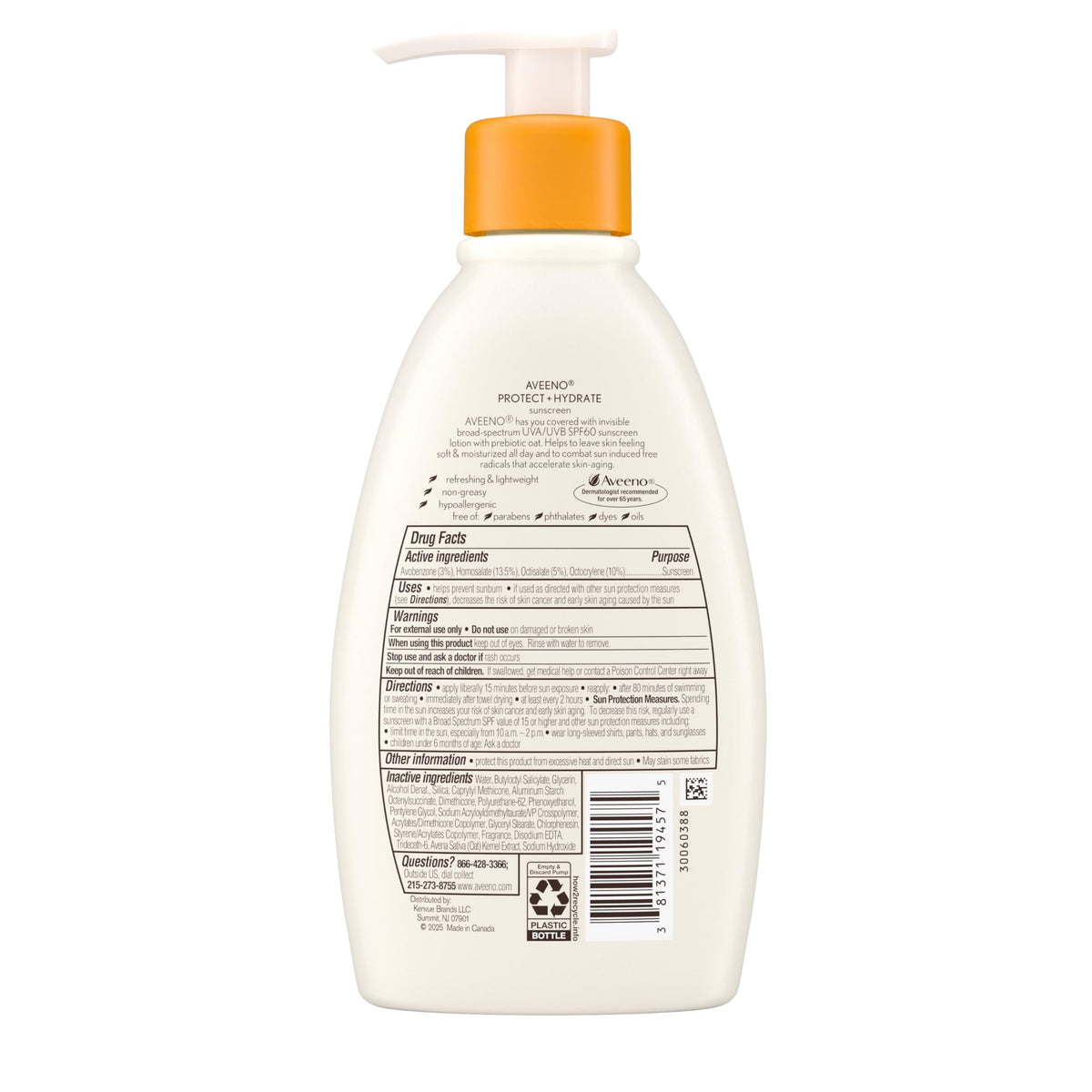 Aveeno Protect + Hydrate Sunscreen Moisturizing Lotion with Prebiotic Oat, Broad Spectrum SPF60, Paraben, & Oil Free, Weightless, Water & Sweat Resistant (80-min) for Sensitive Skin, 12 Fl Oz