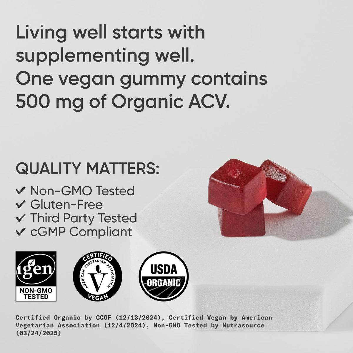 Sports Research® Organic Apple Cider Vinegar Gummies - for Diet Cleanses & Digestion | 500mg | Non-GMO Tested, Certified Vegan, Gluten Free ACV - 60 Gummies for Adults, 1 Month Supply