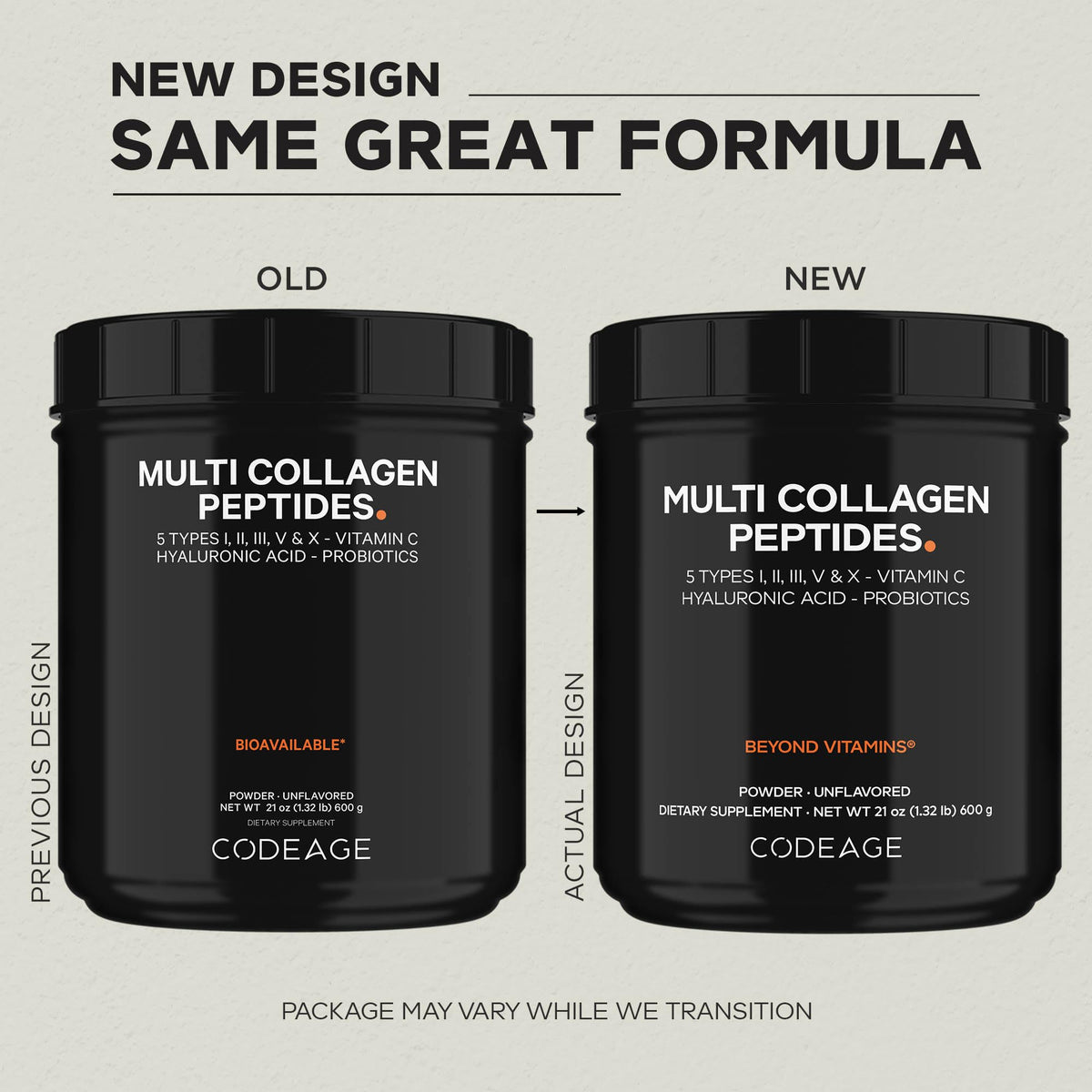 Codeage Multi Collagen Peptides + Probiotics Black Edition, Vitamin C, Hyaluronic Acid Powder Supplement, Grass-Fed, Pasture-Raised, Hydrolyzed, Zero Carbs, Type I, II, III, V & X, Unflavored, 21oz