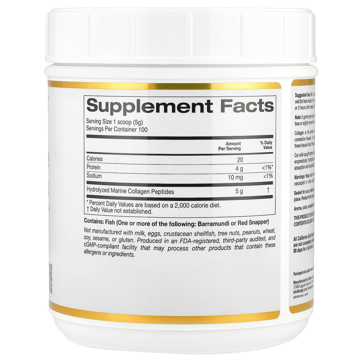 California Gold Nutrition Collagen Peptides Powder with Hyaluronic Acid, Support for Healthy Hair, Skin, Nails, Joints and Bones, Non-GMO, Gluten and Dairy Free, Unflavored, 17.64 oz (500 g)