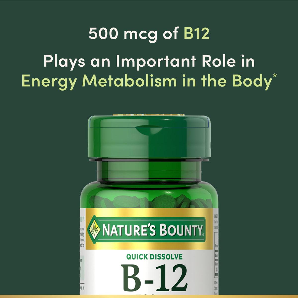 Nature's Bounty Vitamin B12, Supports Energy Metabolism and Nervous System Health, 500mcg, 100 Quick Dissolve Tablets