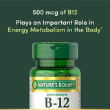 Nature's Bounty Vitamin B12, Supports Energy Metabolism and Nervous System Health, 500mcg, 100 Quick Dissolve Tablets