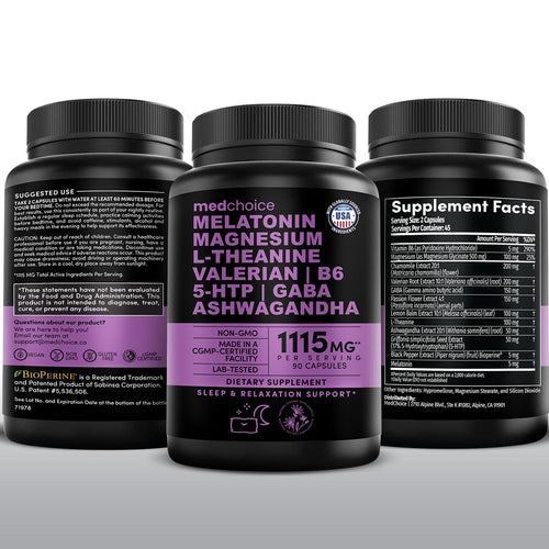 12-in-1 Melatonin Sleep Capsules - Natural Sleep Aids for Adults with Melatonin 5mg and Magnesium Glycinate 500mg, Sleep Aid with Ashwagandha, L Theanine, Valerian Root, GABA, 5-HTP (90ct, Pack of 1)