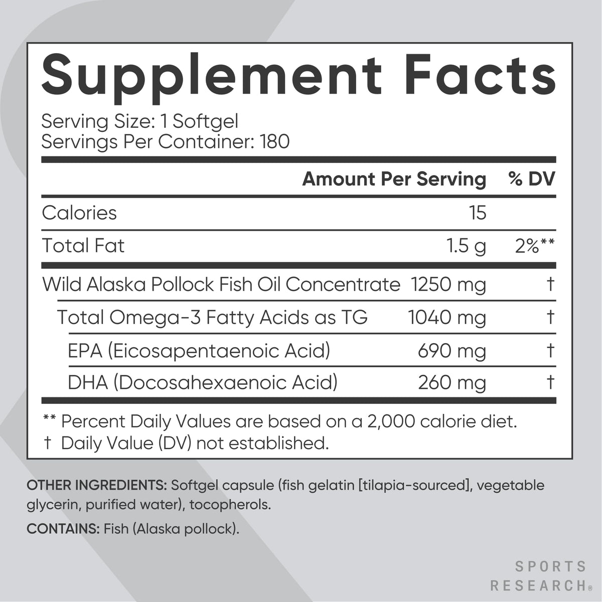 Sports Research® Omega-3 Fish Oil 1250 - Triple Strength Fish Oil Supplement from Wild Alaska Pollock - MSC Certified Sustainable · Non-GMO · Soy Free - 180 Softgel Capsules