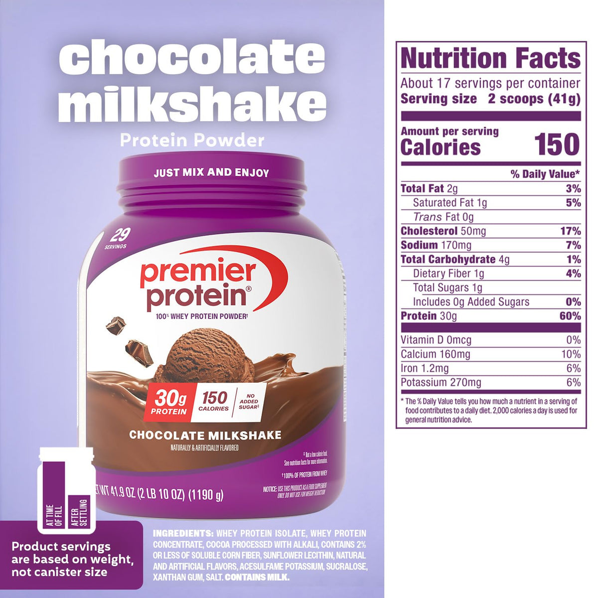 Premier Protein Powder, Chocolate Milkshake, 30g Protein, No Added Sugar, 100% Whey Protein, Keto Friendly, Soy & Gluten Free, 24.5 oz (17 Servings)