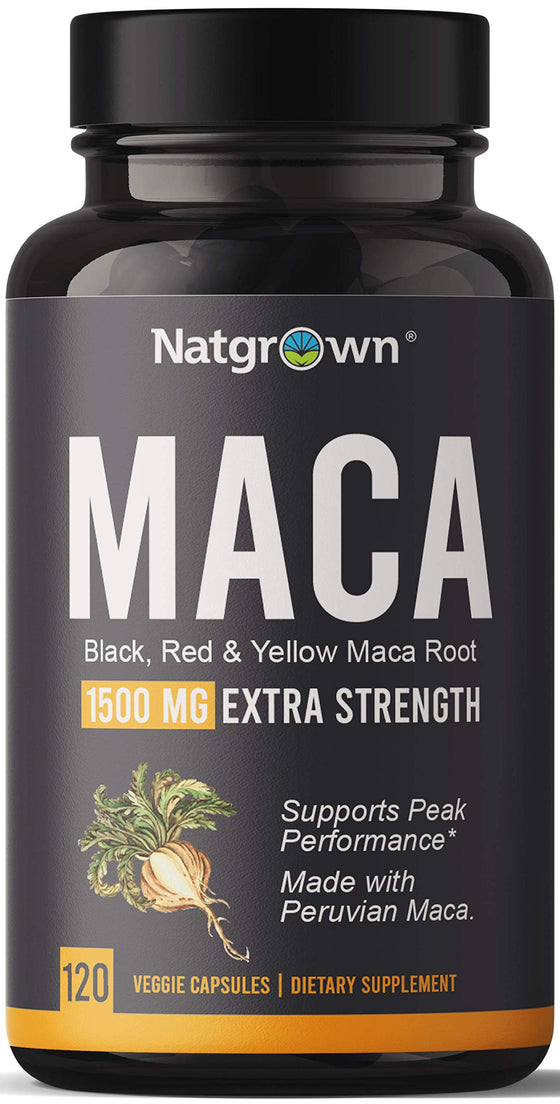 Natgrown Organic Maca Root Powder Capsules - Black, Red & Yellow - 1500 mg per Serving - Gelatinized Peruvian Maca Supplement - Non-GMO, Gluten-Free, Vegan - (120 Count)