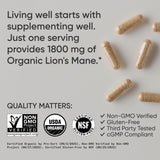 Sports Research® Organic Lion's Mane Mushroom Supplement 1800mg - Brain Health, Focus & Cognitive Supports - USDA Certified Organic · Non-GMO · Vegan - 90 Count Capsules