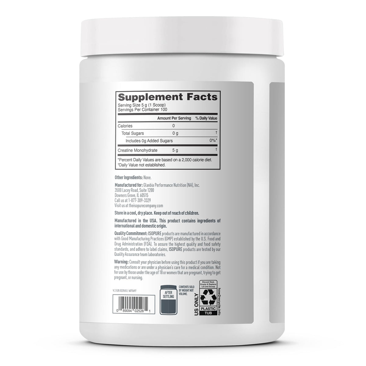 Isopure 100% Pure Creatine Monohydrate Powder, Sugar Free, Unflavored, 5g Creatine Monohydrate Per Serving, 1.1 Lbs, 100 Servings (Packaging May Vary)