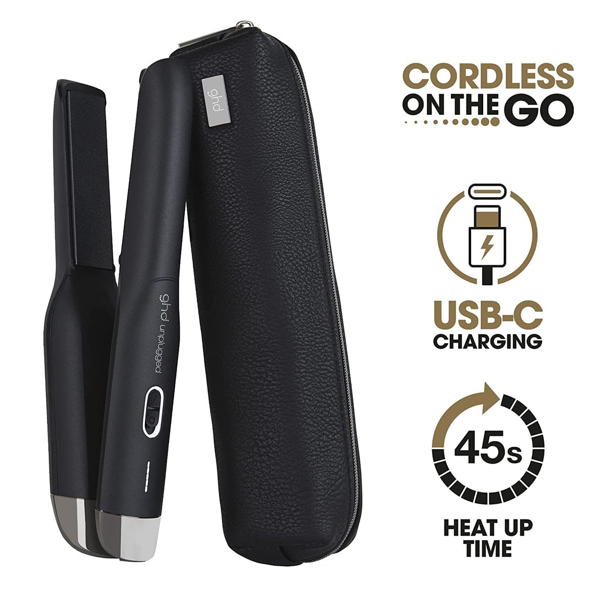 ghd Unplugged Styler - 1" Cordless Flat Iron Hair Straightener, Professional Travel Straightening Iron with Heat-Resistant Case, USB-C Charging for 20-Minutes of Use - Black