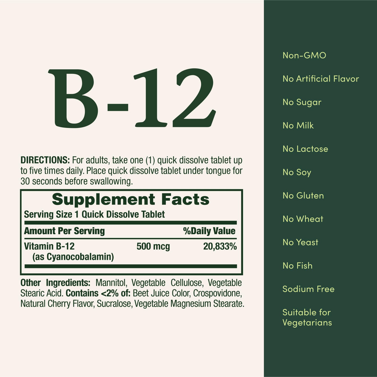 Nature's Bounty Vitamin B12, Supports Energy Metabolism and Nervous System Health, 500mcg, 100 Quick Dissolve Tablets