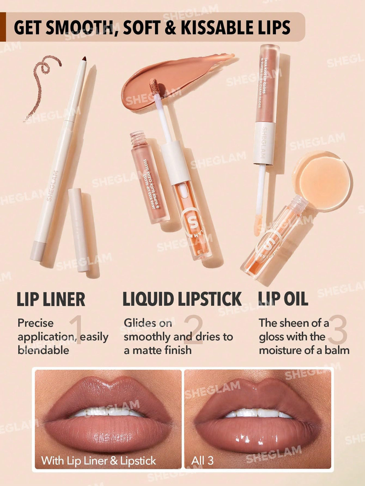 SHEGLAM Soft 90'S Glam 3-In-1 Lip Liner Moisturizing Plant Extracts Long Lasting Liquid Lipstick Plumping Lip Gloss Makeup Set - Pouty Nude