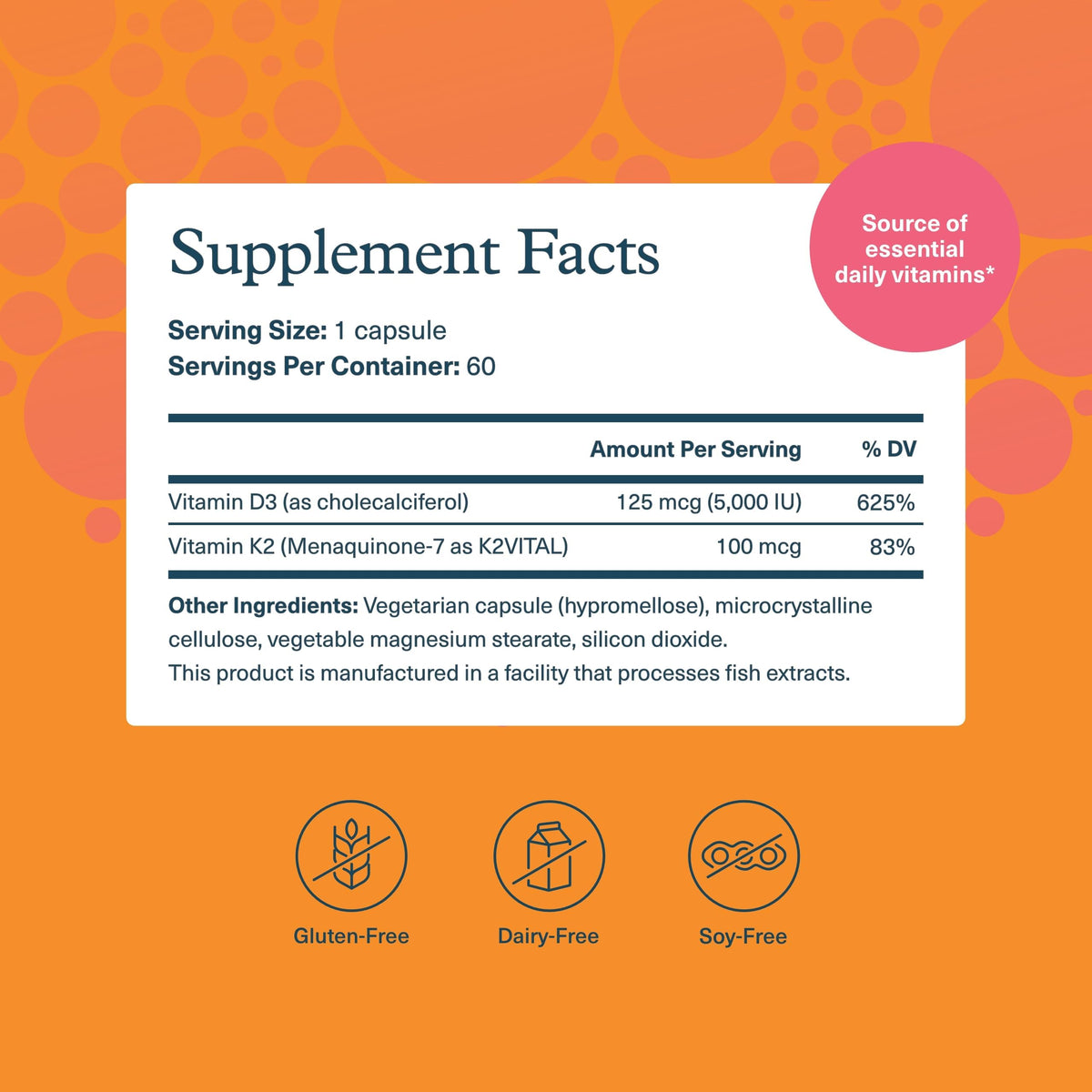 Youtheory K2D3 - Bone & Heart Health Support - Combines Vitamin D3 & Vitamin K2 - Dairy, Soy & Gluten Free - 60 Vegetarian Capsules