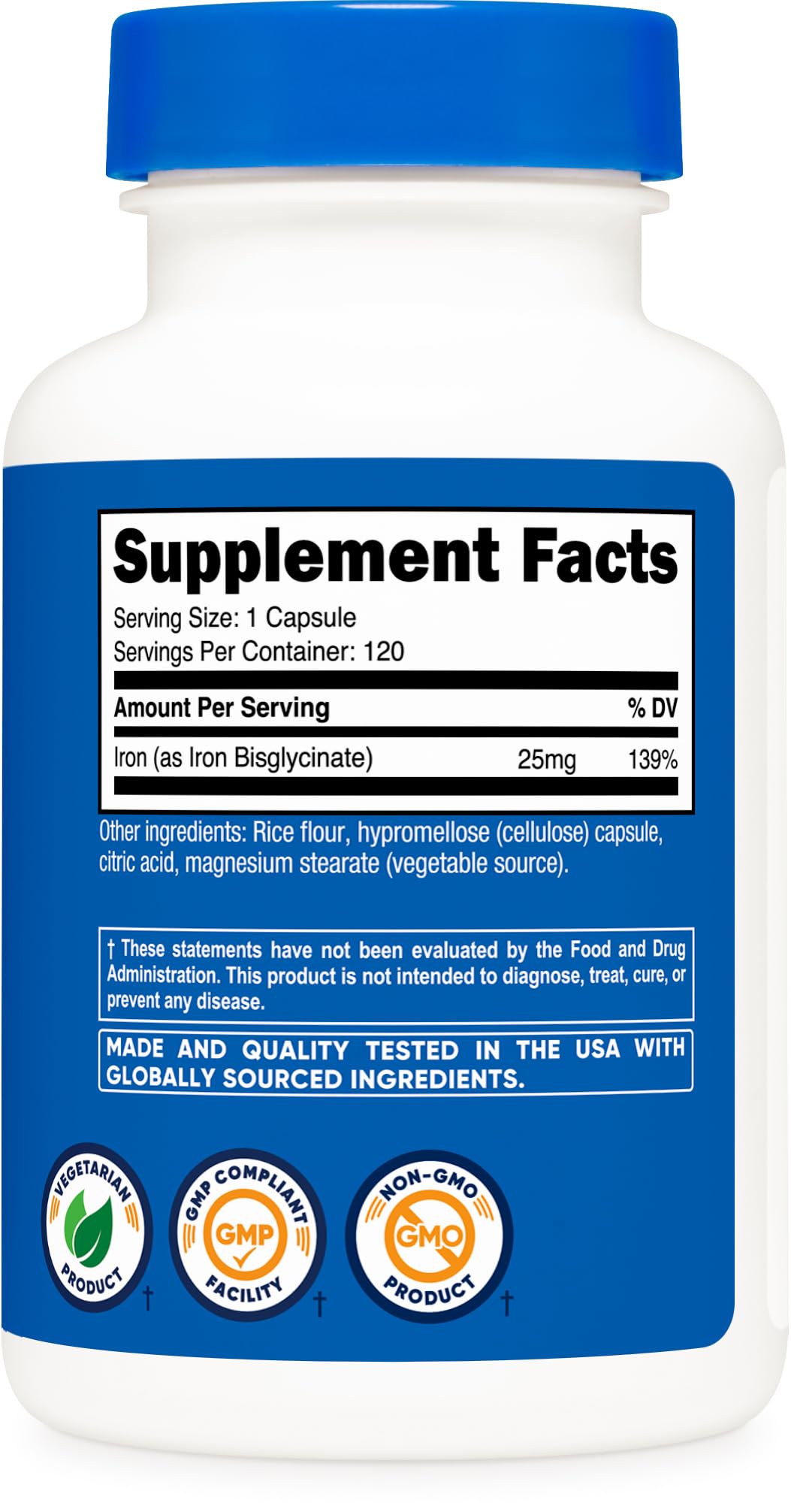 Nutricost Iron Bisglycinate Supplement (25mg) 120 Capsules - from Ferrous Bisglycinate Chelate - Non-GMO & Gluten-Free