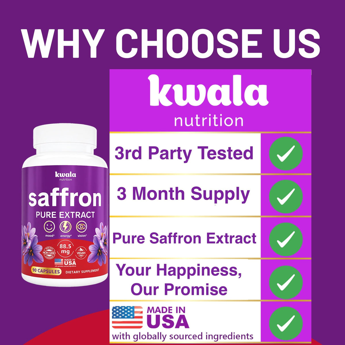 Kwala Nutrition Saffron Supplements for Mood & Focus | 88.5mg Pure Saffron Extract | 3rd Party Tested | Made in USA | 3 Month Supply | 90 Capsules