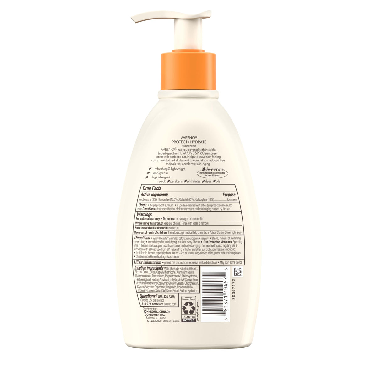 Aveeno Protect + Hydrate Sunscreen Moisturizing Lotion with Prebiotic Oat, Broad Spectrum SPF60, Paraben, & Oil Free, Weightless, Water & Sweat Resistant (80-min) for Sensitive Skin, 12 Fl Oz